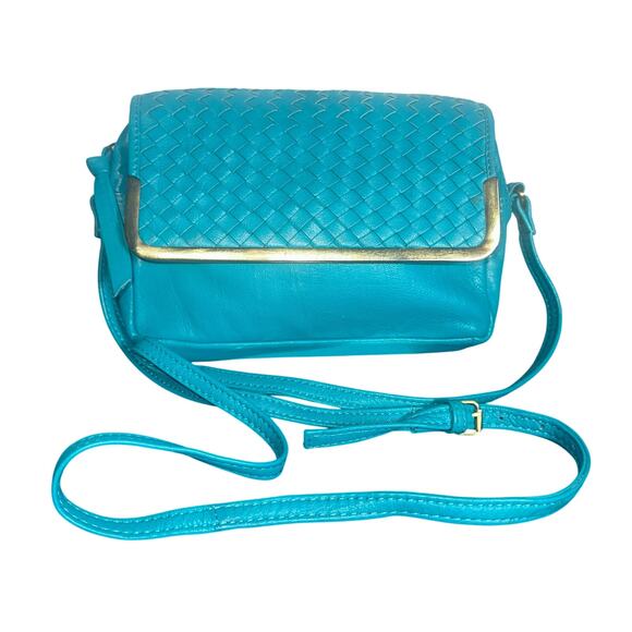 ASOS Turquoise Blue Woven Leather Crossbody Bag Gold Trim Adjustable Strap - Picture 1 of 10